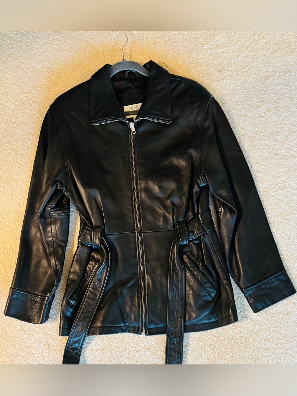 Vintage 90’s Valerie Stevens Black Leather Zip Jacket with Waist Tie